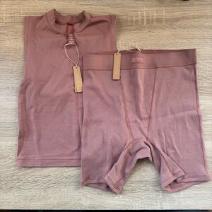 NWT SKIMS Mock Neck Tank Cotton Ribbed Boxer Shorts Set Rose Clay Pink